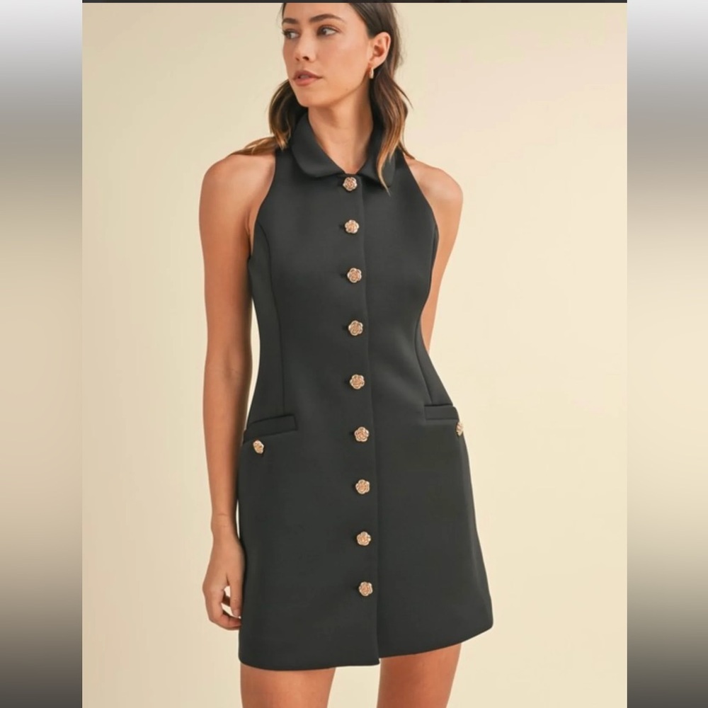 25. LAST 1! MABLE COST 🛑Scuba black button dress sleeveless Parisian GOLD BUTTON